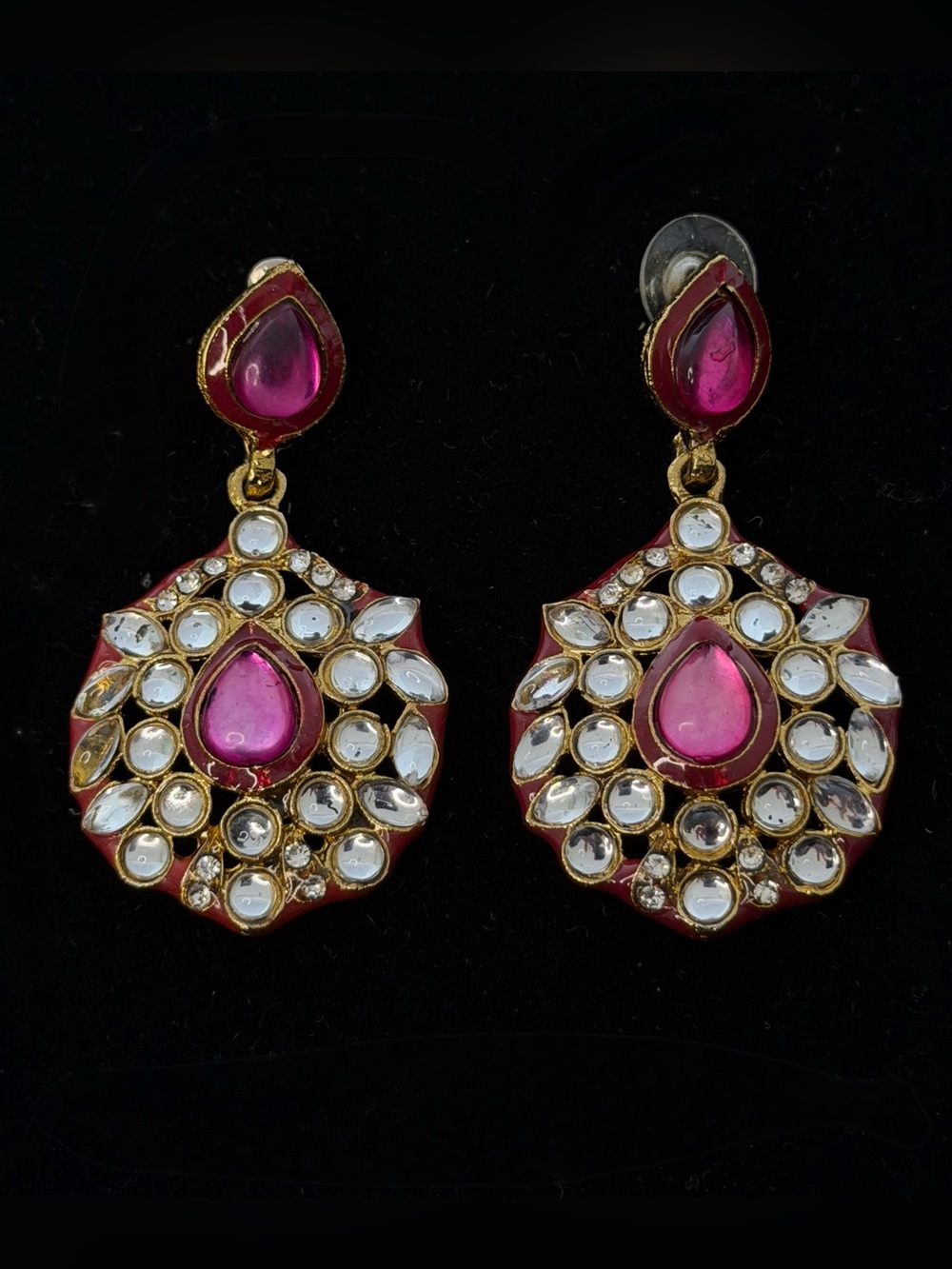 Fuchsia Pink and Clear Resin Stone Set in Gold Teardrop Drop Earrings, NWOT
